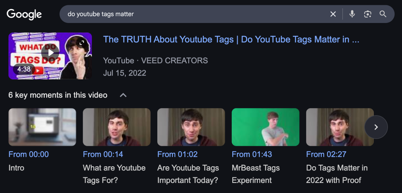 YouTube keywords in chapters