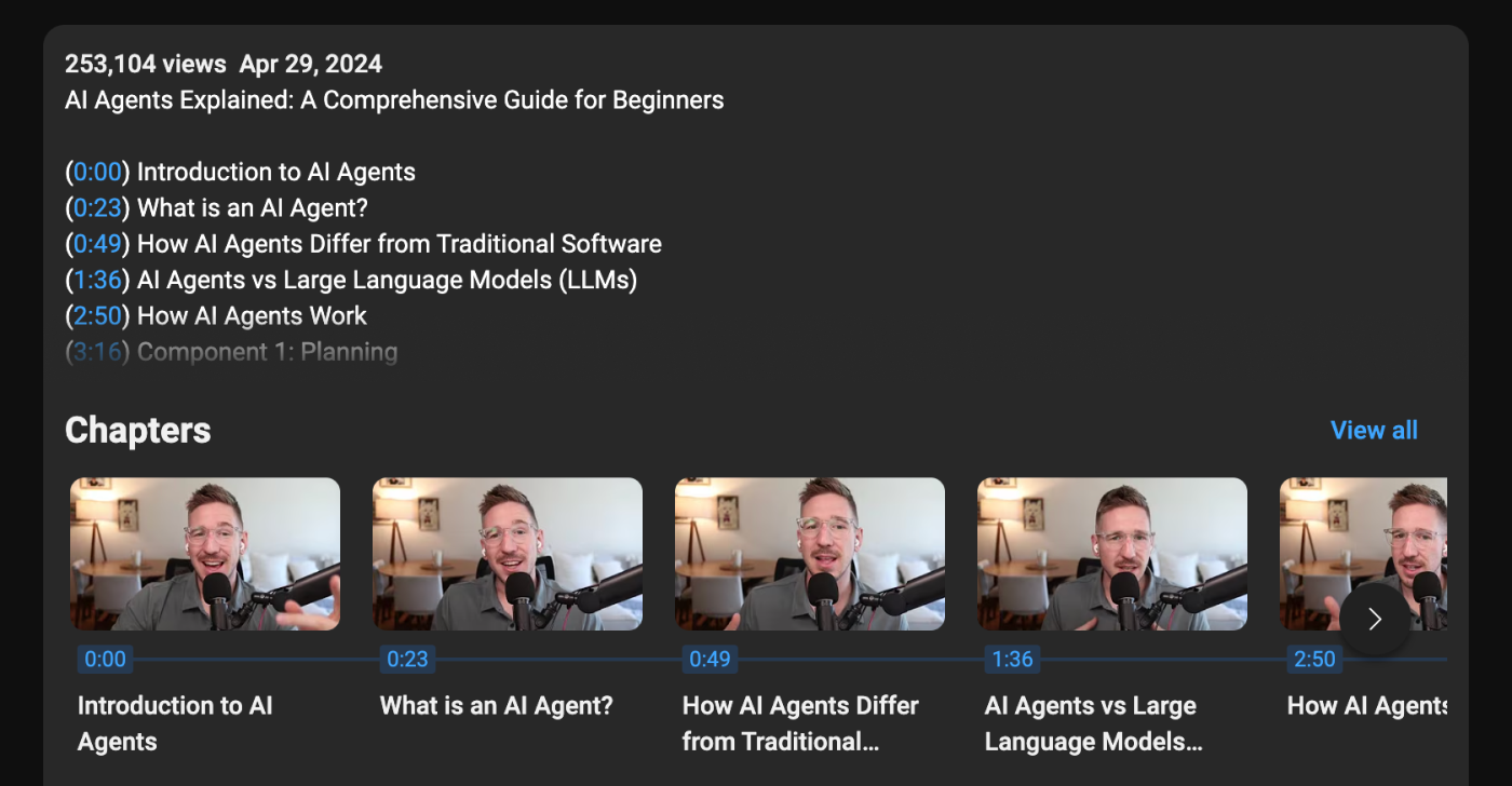 Timestamps in a YouTube video description and the generated chapters
