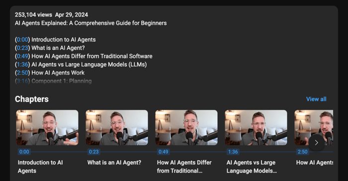 Timestamps in a YouTube video description and the generated chapters